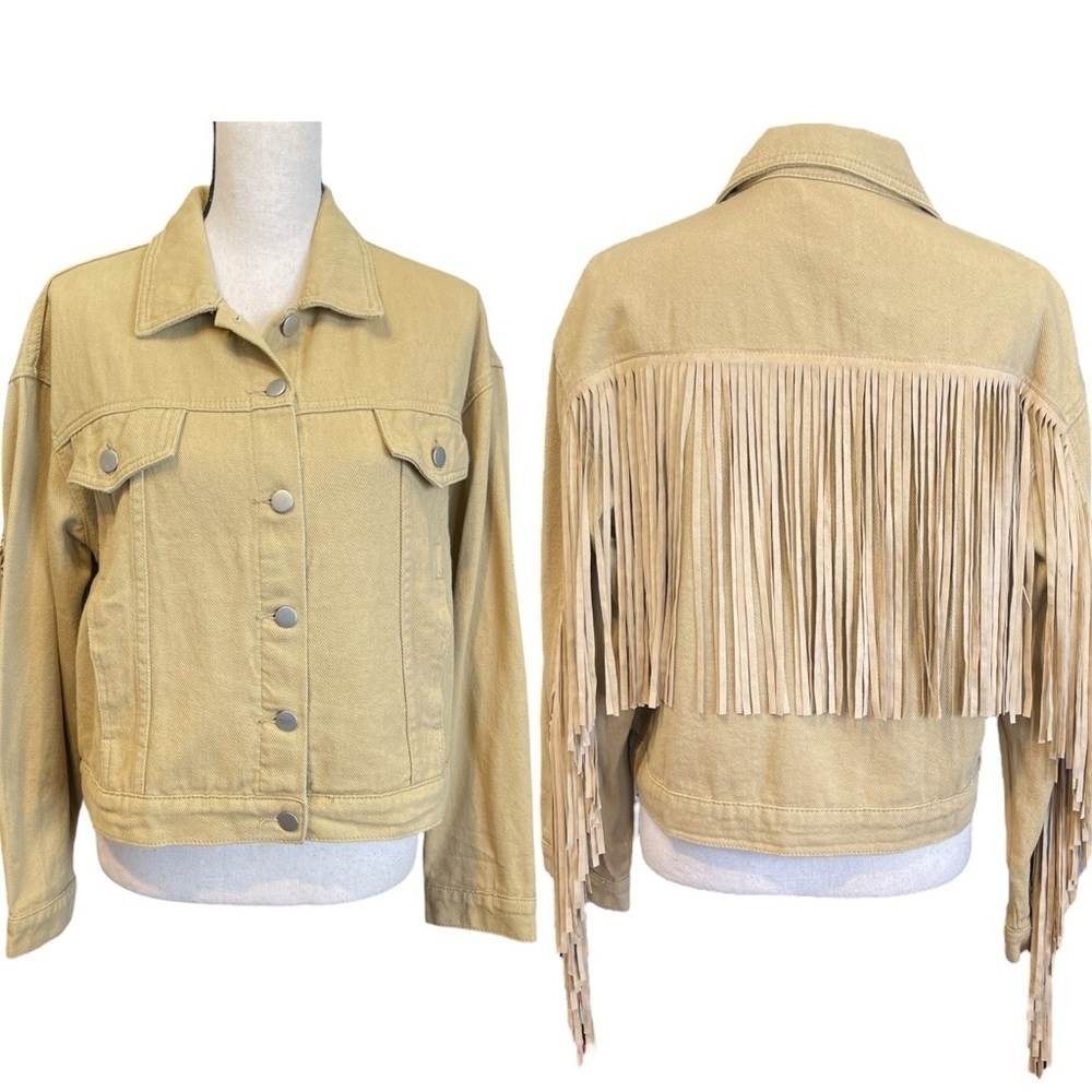 Le Lis Tan Fringe Country Western Boho Festival Denim‎ Jacket Women's Medium